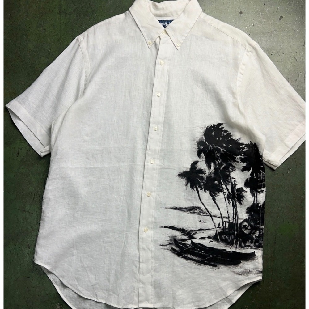Ralph Lauren Classic Fit 100% Linen Aloha Palm Tree Graphic Shirt Mens XXL
